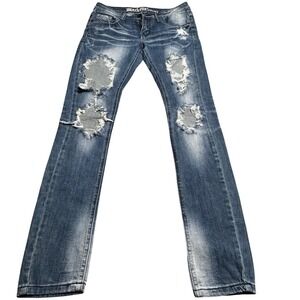 VTG Machine Jeans Women 29 Blue Denim Distressed Low Rise Shredded Y2K Style